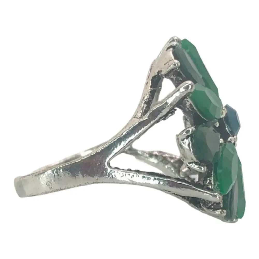 Silver and Green Flower Rhinestone Statement Ring - Size 8